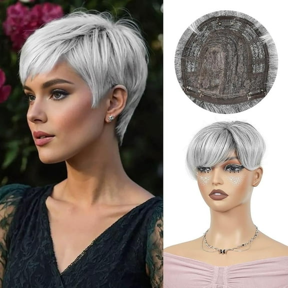 Short Hair Toppers for Women with Thinning Magic Pixie Cut Toppers Hairpiece Natural Synthetic Grey Hair Toppers for Daily Use
