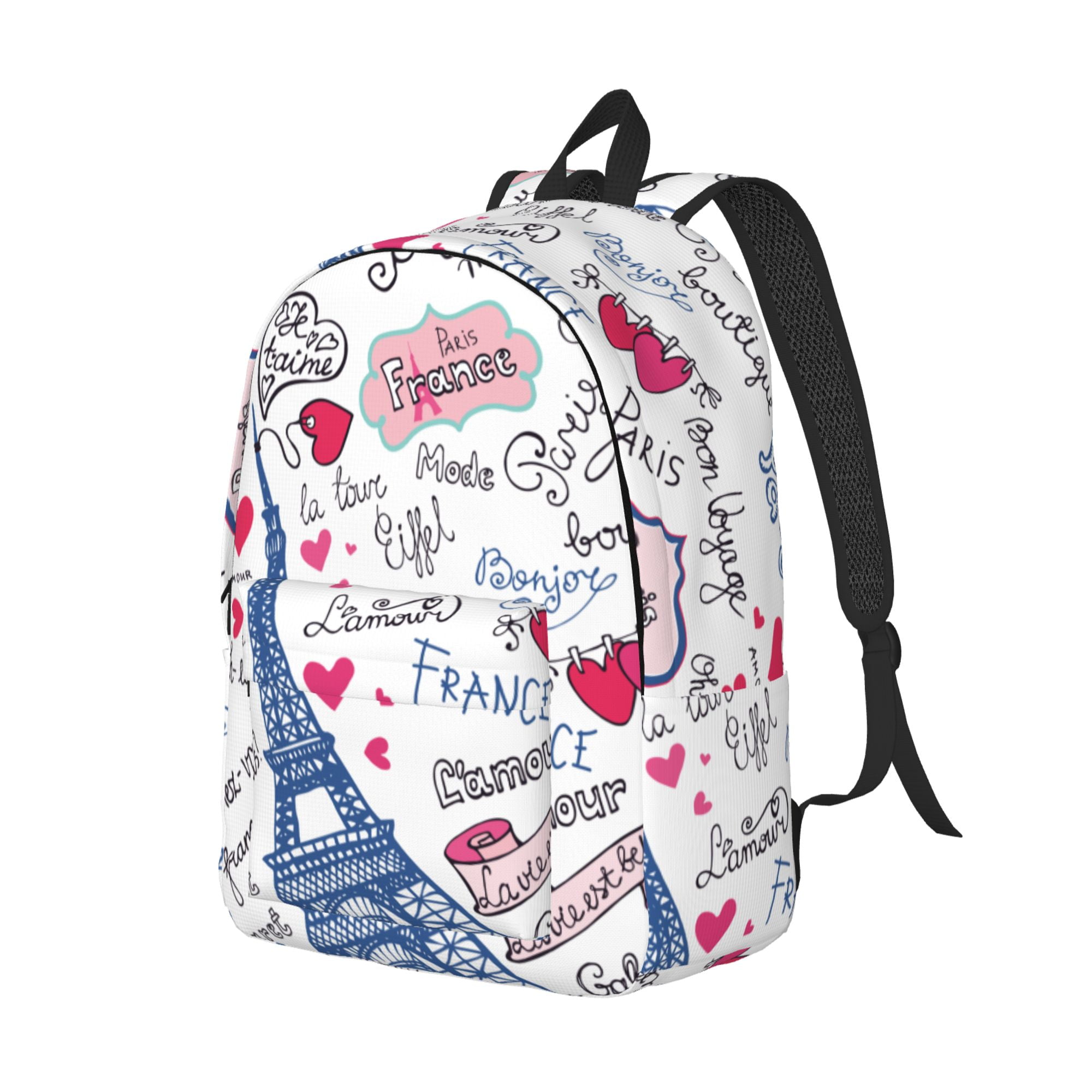 LAKIMCT White Paris Eiffel Love Words Canvas Backpack for Boys Girls