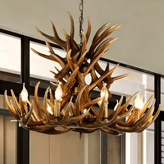 Litfad Farmhosue Rustic Deer Horn Chandelier Resin Horn Antler Ceiling Pendant Lamp Fixture,9-Light 9-Arms
