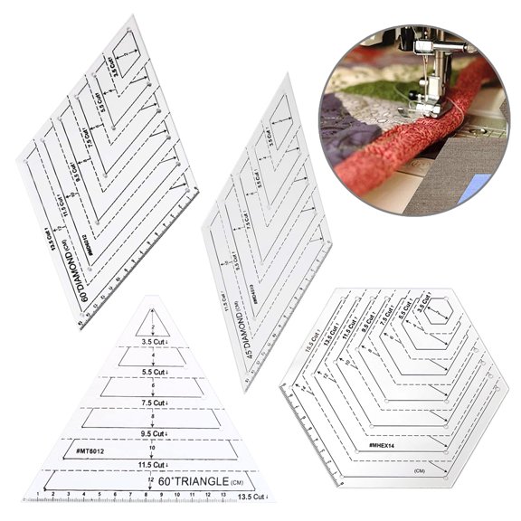 Laklulu 4 pcs/set Sewing Ruler Acrylic Handmade Quilt Templates Stencil Grade Ruler Triangles Hexago Patchwork Rulers DIY Sewing Tools