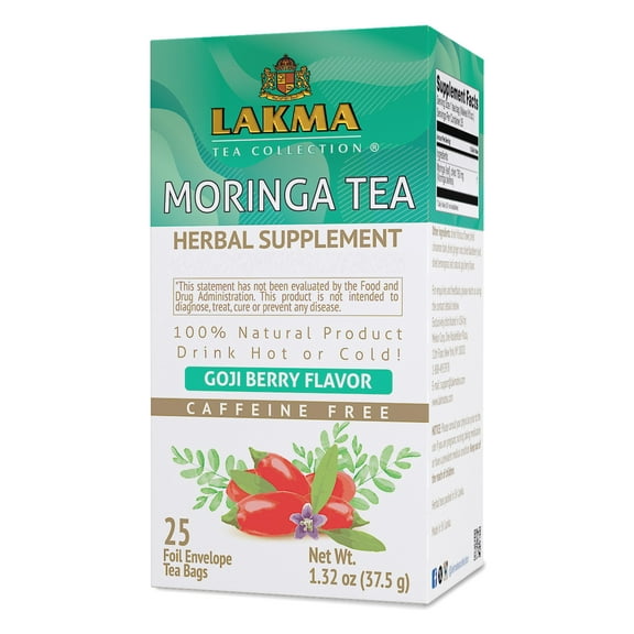 Lakma Moringa Tea With Goji Berry Flavor - 25 Tea Bags (Caffeine Free, Gmo Free, Gluten Free, Dairy Free, Sugar Free & 100% Natural, Decaf)