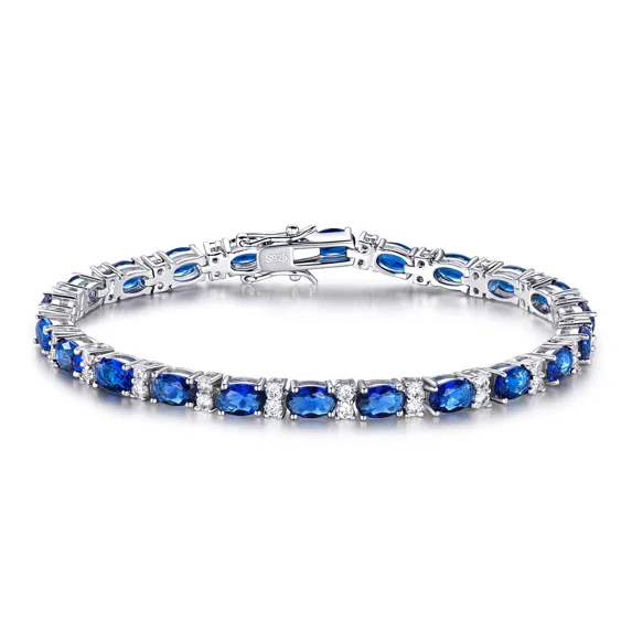 Lakshay enterprise 10.86 CT Oval Blue Sapphire tennis Bracelet White 925 Silver - Birthstone Tennis Bracelet Eternity Design - White Gold Plating, Female, Adult