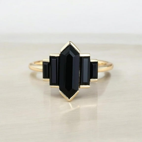 Lakshay enterprise Hexagon cut Black onyx ring Unique14k gold plated over sterling silver engagement ring Black gemstone ring Bezel set ring Vintage Bridal wedding anniversary ring