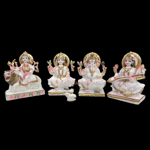 Lakshmi Ganesh Saraswati Durga Statue - Set of 4 Complete Statue Hindu Pooja Temple - Small 6 inches Gold Leaf Work Murti - Hand Painted Marble Laxmi Ganesha Saraswati Durga Idol - Housewarming Gifts
