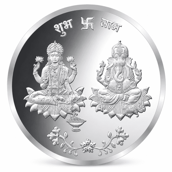 Lakshmi Ganesh Silver Coin, 10 g Round, Diwali Dhanteras New Year Puja Gift, 1 Count