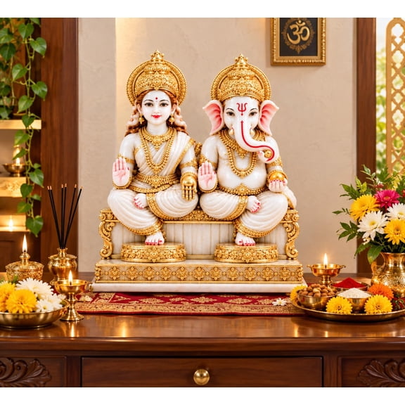 Lakshmi Ganesha Murti Set | Laxmi Ji & Ganesh Ji Statue | Hindu God Idol for Diwali Puja, Home Temple, Office & Decoration | Marble Religious Showpiece | 12 cm