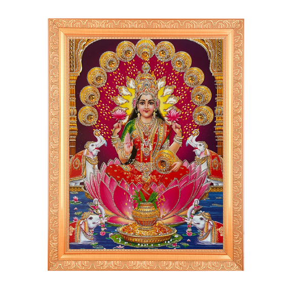 Lakshmi Mata Zari Art Print Elegant Photo In Golden Artwork Frame 11 x 14 Inch) OR (27.94 X 35.56 Cm) Religious Gifting