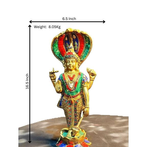 Artistic Kraft Creation: 16.5" Handmade Golden Brass Lakshmi Narayan Statue - Vishnu Laxmi Figurine