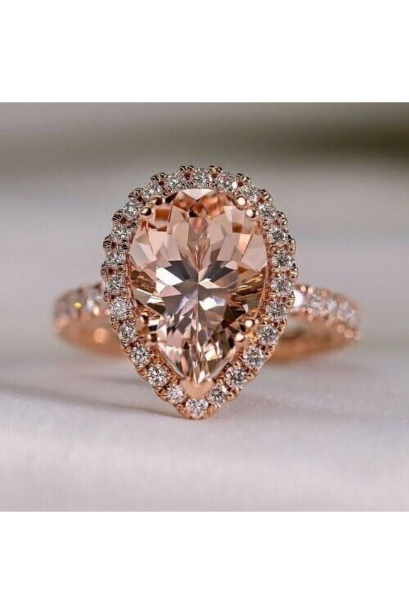 14K Rose Gold Plated Pear Cut Lab Created Morganite Halo Engagement Ring For Women
