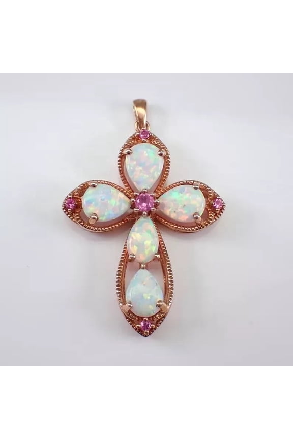 14K Rose Gold Plated Pear Cut Lab Created Opal Cross Charm Pendant for Women