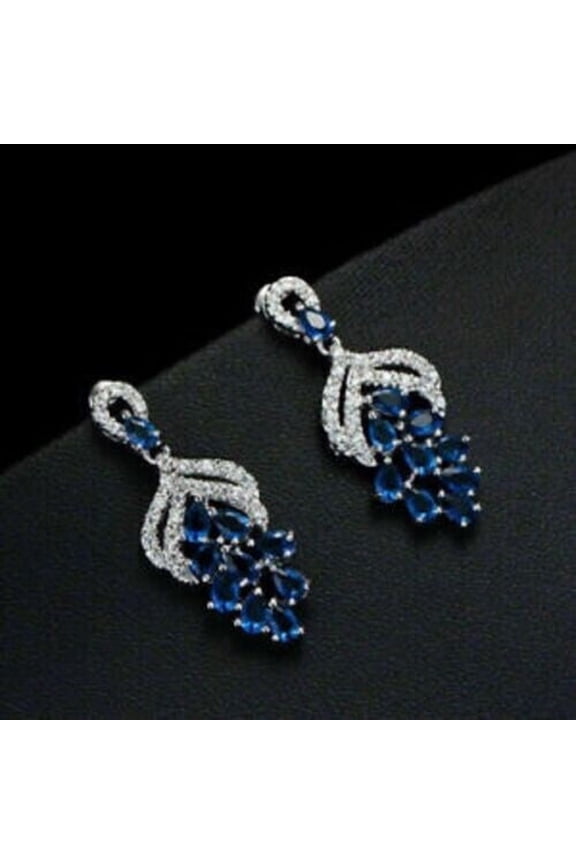14K White Gold Plated Pear Cut Lab Created Blue Sapphire Women Drop Dangle Earrings