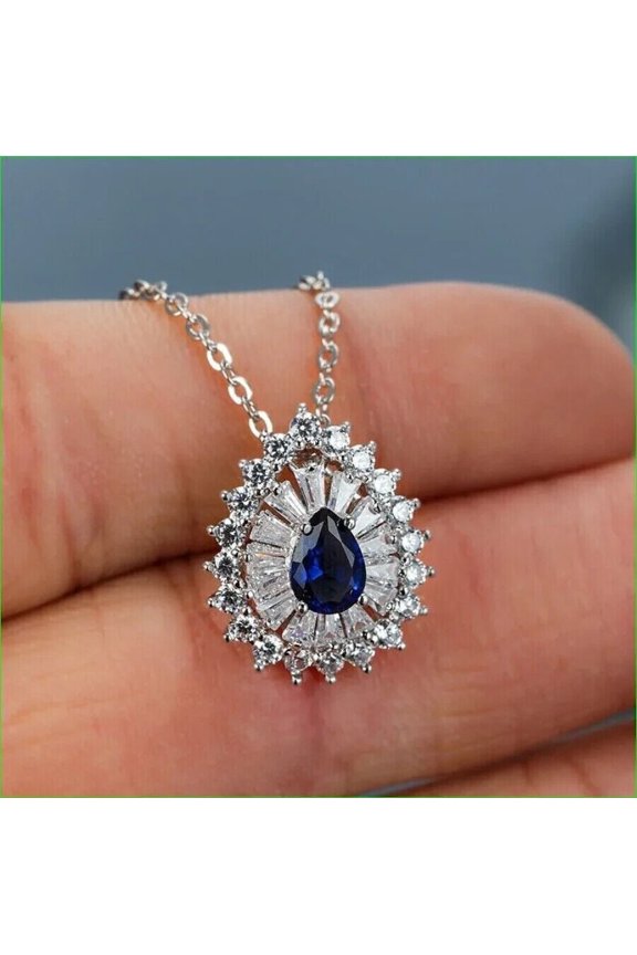 14K White Gold Plated Pear Cut Lab Created Blue Sapphire Women's Teardrop Pendant Chain