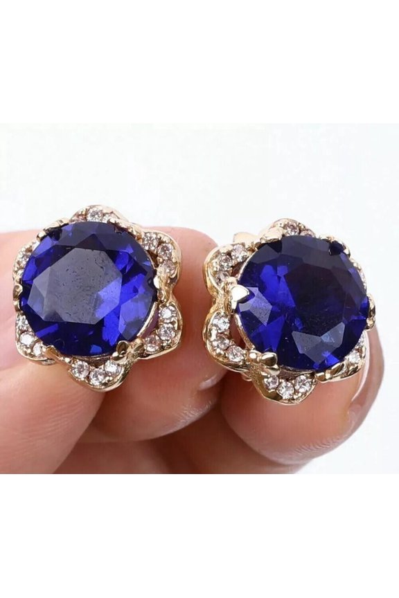 Women Huggie Hoop Earrings Lab Created Sapphire Round Cut 14K Yellow Gold Plated