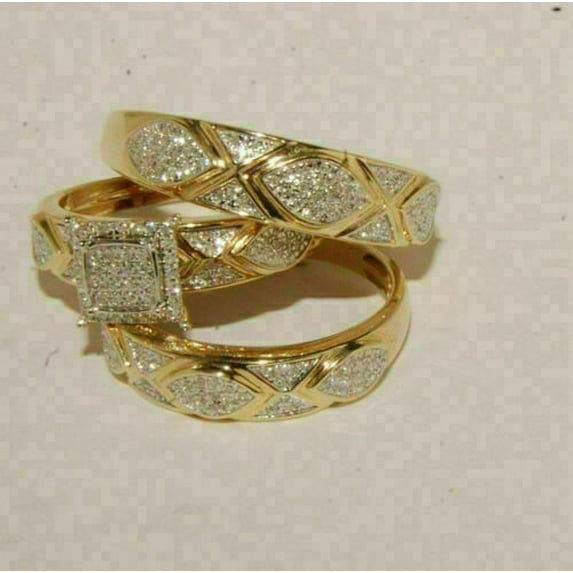 Lakshya Jewel LLC 14K Yellow Gold Plated CZ Trio His Her Bridal Set Ring Wedding