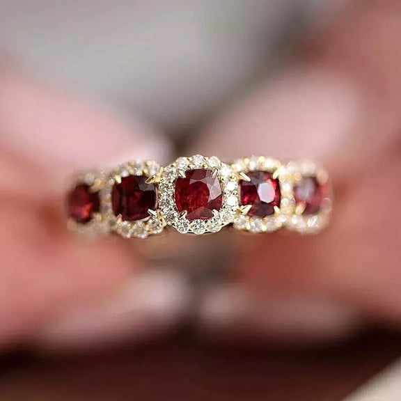 Lakshya Jewel LLC 14K Yellow Gold Plated Women's Half Eternity Ring Cushion Cut Lab Created Red Garnet