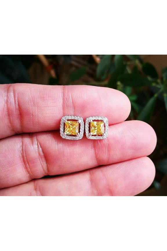 14k White Gold Plated Princess Cut Lab Created Yellow Citrine Halo Stud Earrings