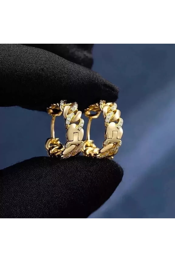 14k Yellow Gold Plated 2Ct Round Cut Cubic Zirconia Women Cuban Link Hoop Earring Silver