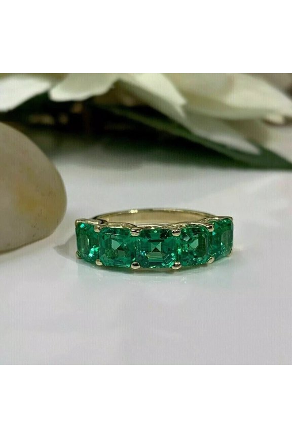 14k Yellow Gold Plated Asscher Cut Lab Created Emerald Women's Wedding Band Ring