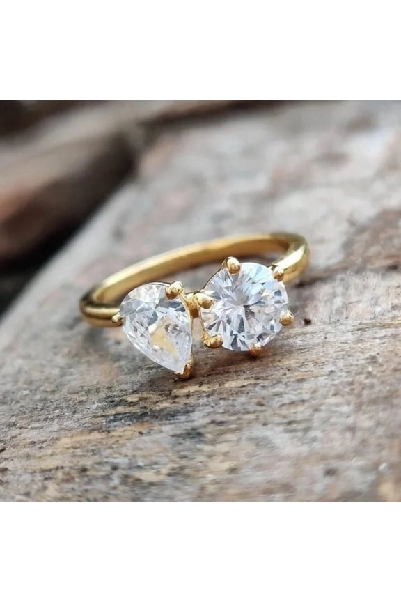 2ct Round & Pear Cut Cubic Zirconia Two Stone Promise Ring 14K Yellow Gold Plated