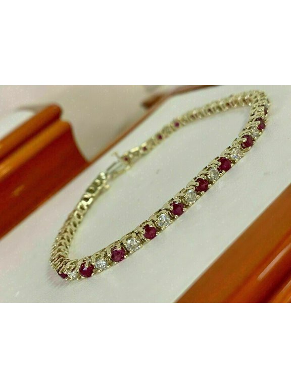 9Ct Round Cut Lab Created Ruby Women's Tennis Bracelet 14K Yellow Gold Finish