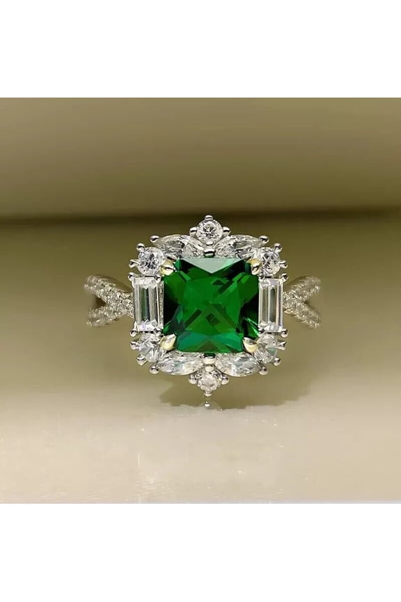 Asscher Cut Lab Created Green Emerald 14K White Gold Finish Women's Engagement Ring