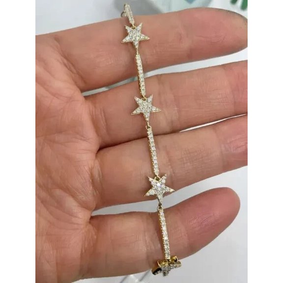 Lakshya Jewel LLC Cubic Zirconia Round Cut 14K Yellow Gold Plated Star Chain Bracelet for Women