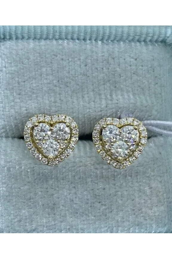 Heart Shape Round Cut Cubic Zirconia Women's Stud Earrings 14K Yellow Gold Plated