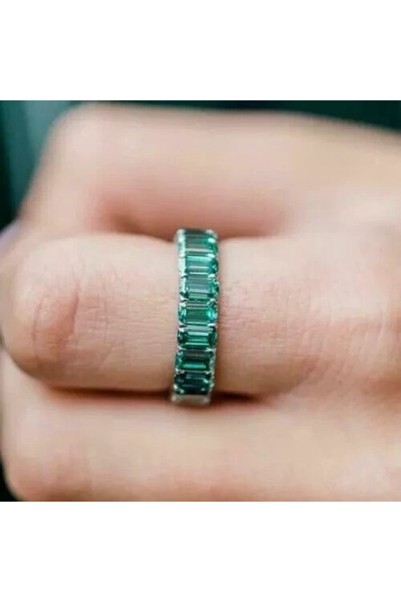 Lab Created Green Emerald for Women Full Eternity Wedding Band Ring 14k White Gold Finish