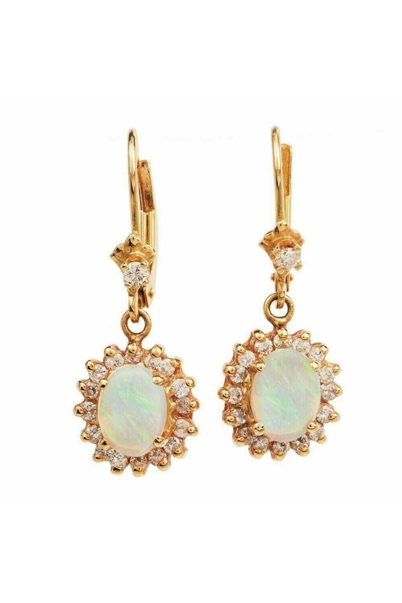 Lab Created Opal Dangle Floral Leverback Earrings for Women 14K Yellow Gold Finish