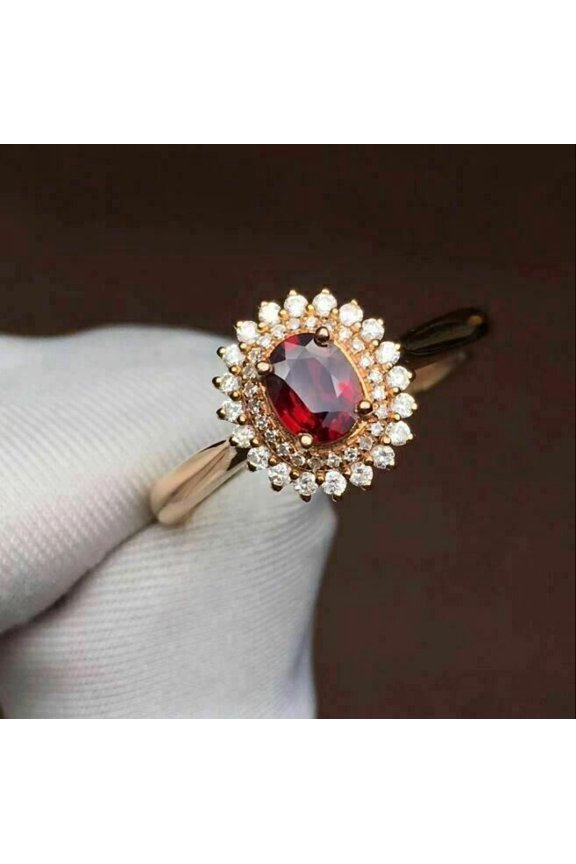 Lab Created Oval Red Garnet Double Halo Engagement Ring 14K Yellow Gold Finish Silver