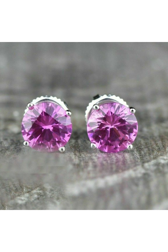 Lab Created Pink Sapphire Round 4 Prong Screw Back Stud Earrings 14K White Gold Plated