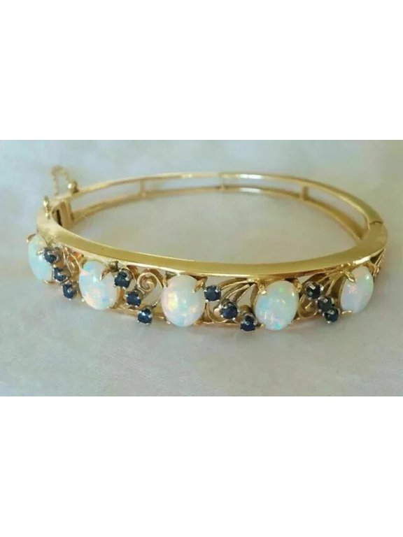 Oval Cut Lab Created Opal 14K Yellow Gold Plated Women's Bangle Bracelet Silver
