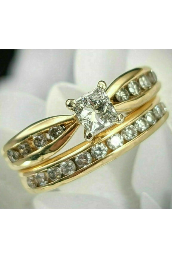 Princess Cut 2Ct Cubic Zirconia Bridal Set Engagement Ring Band 14k Yellow Gold Plated