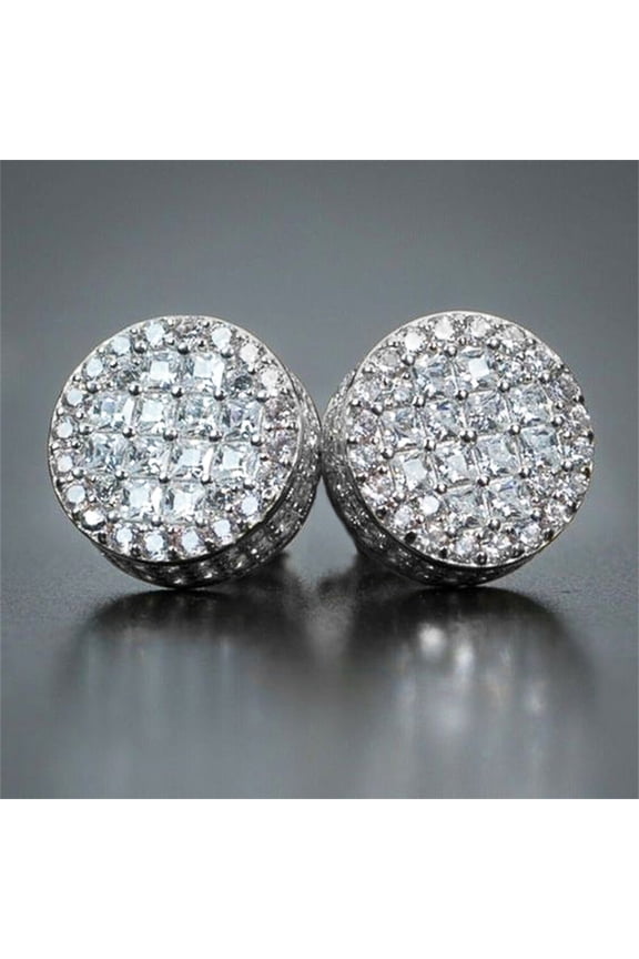 Round Cut Cubic Zirconia Cluster Men Stud Earrings 14k White Gold Plated Silver