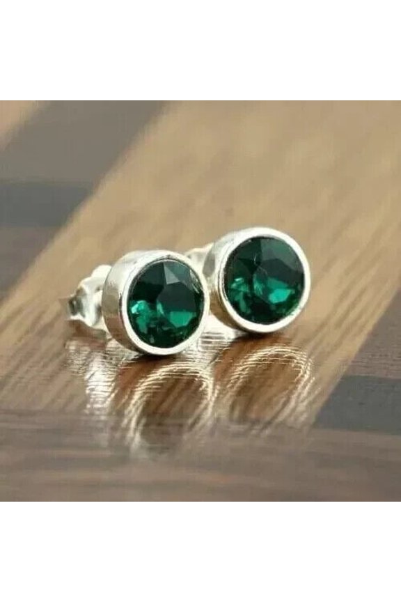 Lab Created Emerald Round Cut 14K White Gold Plated Women Solitaire Stud Earrings