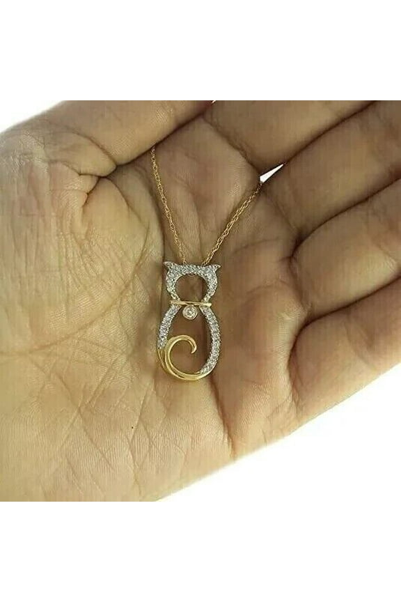 Round Cut Cubic Zirconia Women Cat Pendant 14K Yellow Gold Plated Silver