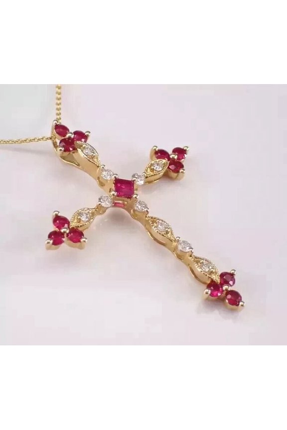 Round Cut Lab-Created Red Ruby Women's Cross Pendant Chain 14K Yellow Gold Over Silver