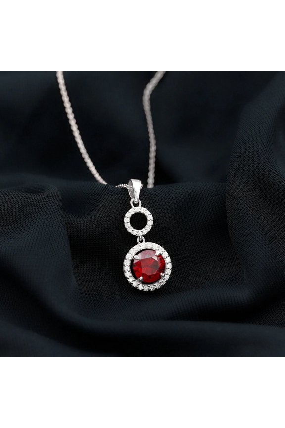 Round Cut Lab Created Ruby Women Halo Pendant Chain 14k White Gold Plated