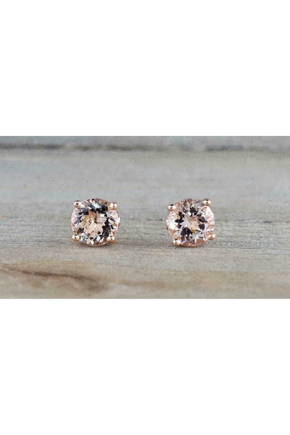 Round Lab Created Morganite Stud Earrings For Women 14K Rose Gold Finish Silver