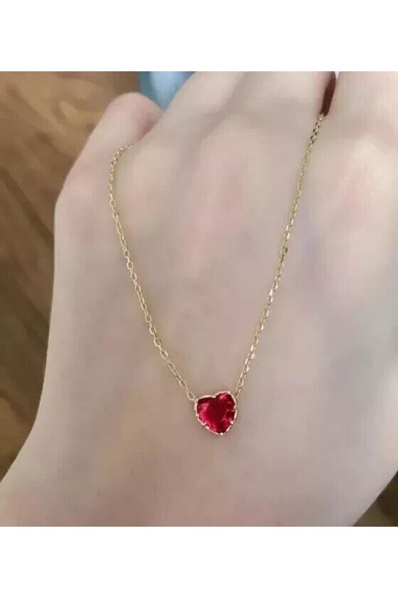 Solitaire Heart Cut Lab Created Red Ruby Women's Pendant Necklace 14k Yellow Gold Plated