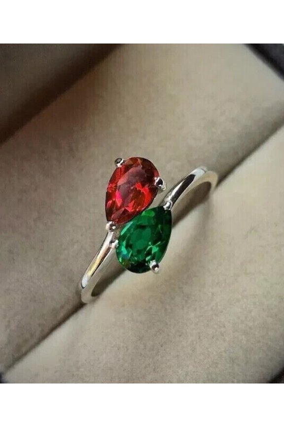 Two Stone Women's Engagement Ring Pear Cut Lab Created Garnet 14K White Gold Plated Silver