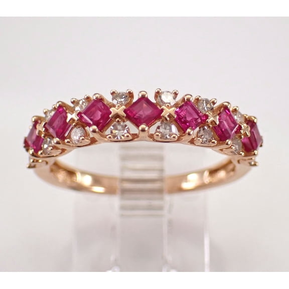 Lakshya Jewel LLC Wedding Band Ring 14K Rose Gold Plated for Women Princess Cut Lab Created Red Ruby