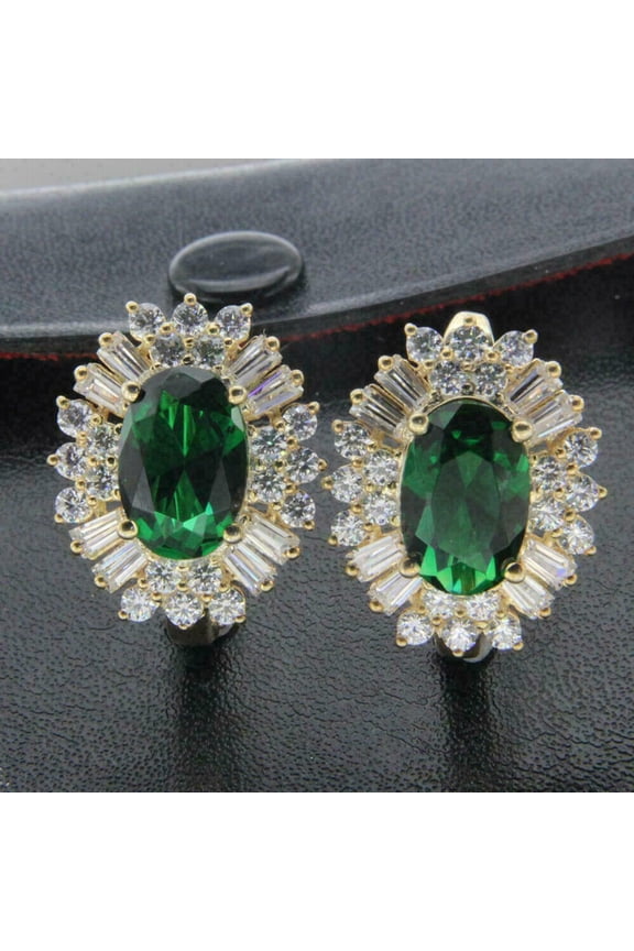 Women Lab Created Oval Cut Emerald Halo Cocktail Huggie Earrings 14K Yellow Gold Finish