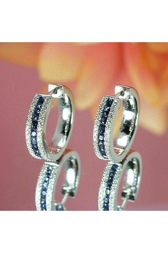 Lab Created Blue Sapphire Round Cut Women Hoop Earrings 14K White Gold Plated