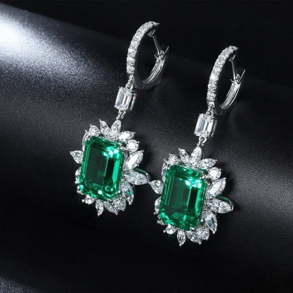 Lakshya Jewel LLC Women's Green Cubic Zironia Halo Dangle Earrings 14K White Gold Finish