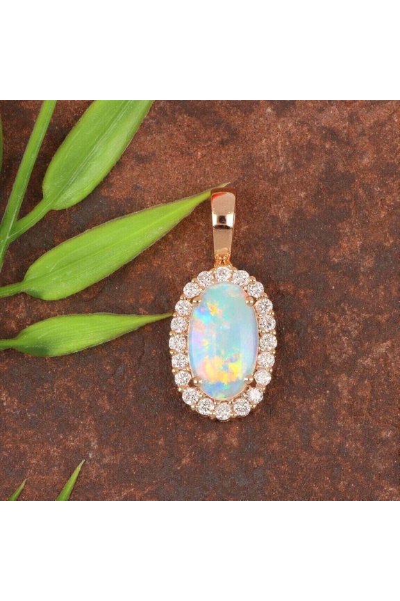 Women's Lab Created Fire Opal Oval Cut Halo Pendant 14k Rose Gold Plated Silver Free Chain