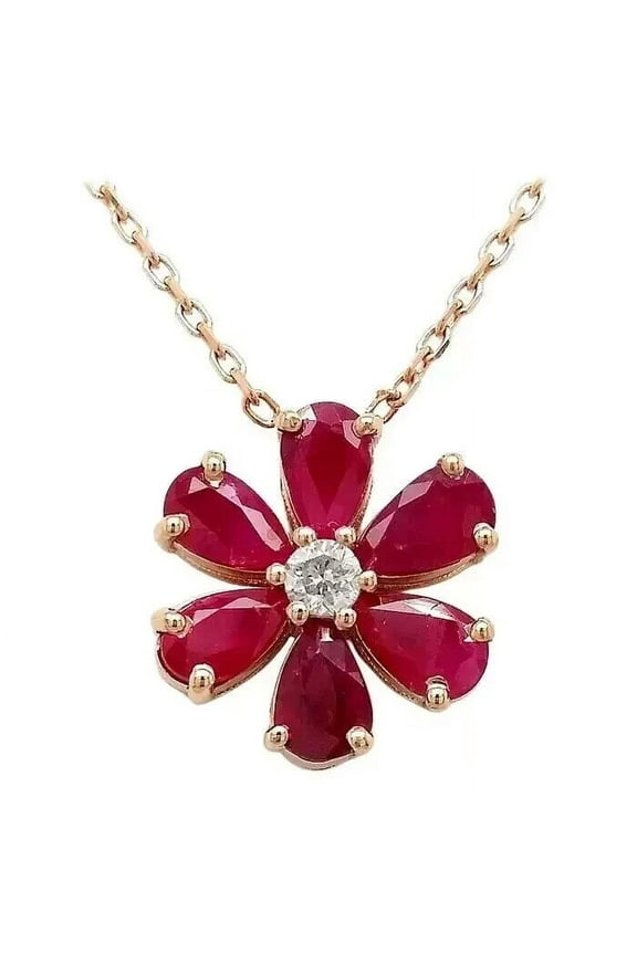Women's Pear Cut Lab-Created Pink Ruby Flower Pendant Chain 14K Yellow Gold Plated