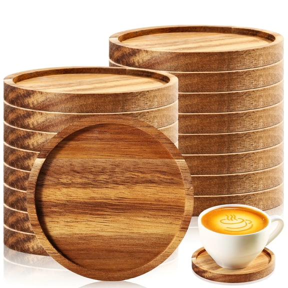 Lakwi 16pcs Acacia Wood Coasters 4 Inch Round,Stackable Reusable Drink Coasters, Natural Grain Recycled Wood for Coffee Table Bar Desk Protection,Housewarming Gifts & Party Supplies,Rustic Home Decor