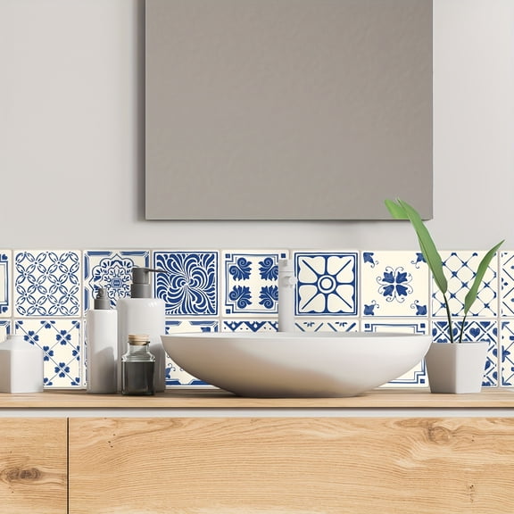 Lakwi 20pcs Vintage Moroccan Blue Tile Style Wall Stickers, 7.87x7.87 Inch DIY Kitchen Bathroom Anti-Slip Self-Adhesive Floor Stickers Geometric Pattern Waterproof