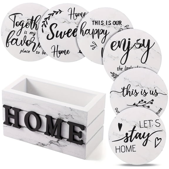 Lakwi 6pcs Wooden Heart-Shaped Coaster Set with Bracket, Farmhouse Style, 4-Inch White Marble Design, Perfect for Home Decor & Coffee Table Protection, Ideal Housewarming Gift, Coffee Table Decor